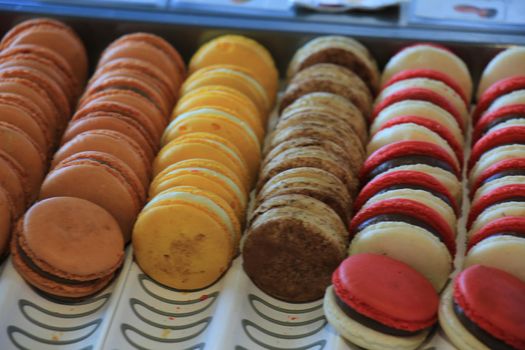 Macarons in various flavors and colors on display in a store