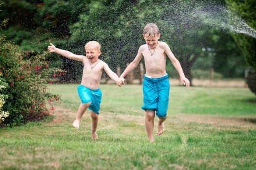 Kids play with water on hot summer day. Children with garden sprinkler having fun. Outdoor fun. Boys run on a field under water drops.