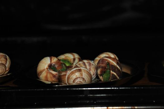 Escargots de Bourgogne on a metal plate in the oven