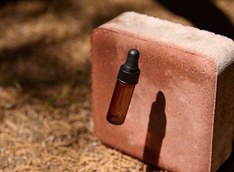 Dark glass vial with cosmetic oil or anti-aging serum, casting a shadow on pink stone against the background of fallen dry coniferous needles. Minimalistic still life for presentation a beauty product