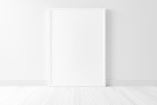 Blank empty picture frame mockup on white cement wall..Modern living room design. 3D illustrations.