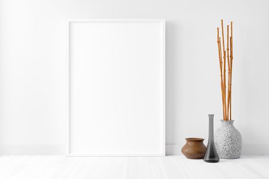Blank empty picture frame mockup on white cement wall..Modern living room design. 3D illustrations.