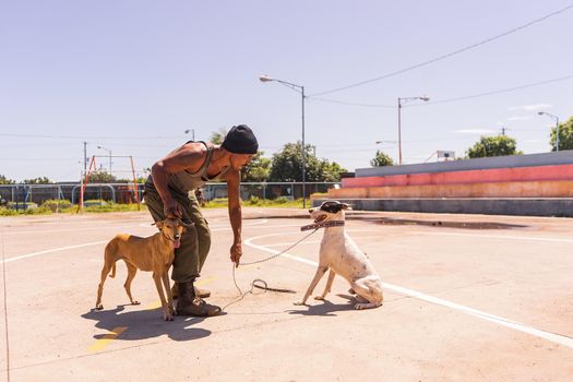 Latino man giving orders to a mongrel dog in a park in Managua, Nicaragua