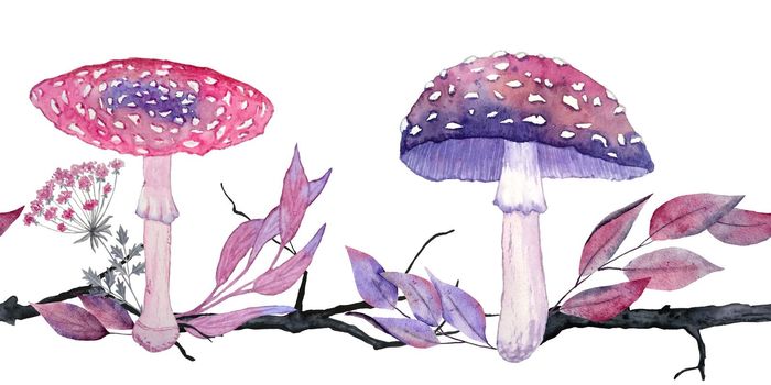 Watercolor hand drawn seamless horizontal border with purple pink mushrooms, forest leaves herbs. Witch wood Halloween frame background, spooky horror clipart