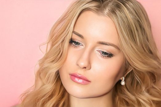 Beauty face portrait, beautiful woman with long wavy blonde hairstyle and glossy lipstick make-up on pink background, fashion and glamour model look for makeup, skincare cosmetics and hair care commercial