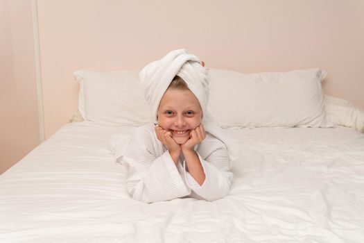 Elbows Creek smile bathrobe coffee copyspace bed girl cute bathroom, from lifestyle pretty in shower for caucasian spa, child background. Care funny female,