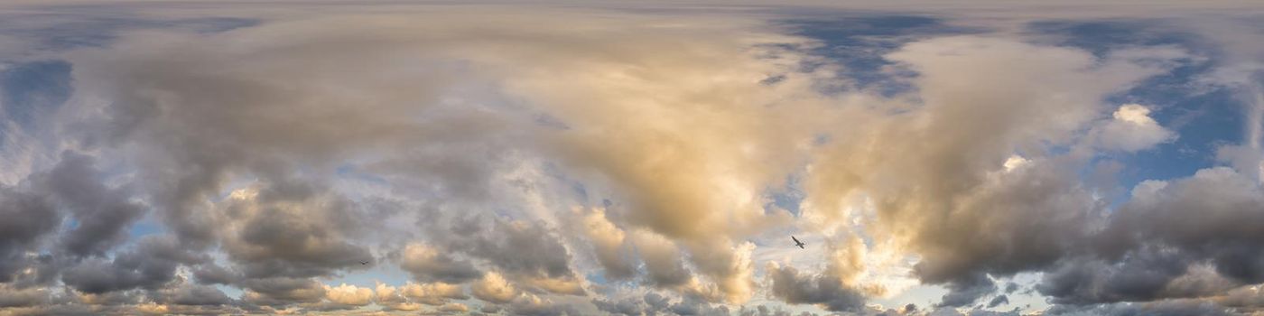 Dark blue twilight sky panorama with Cumulus clouds. Seamless hdr 360 panorama in spherical equiangular format. Full zenith or sky dome for 3D visualization, sky replacement for aerial drone panoramas