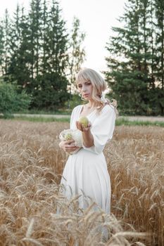 A blonde woman in a long white dress walks in a wheat field. The concept of a wedding and walking in nature.