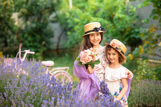 Romantic portrait o charming sisters in straw hats in lavender bushes