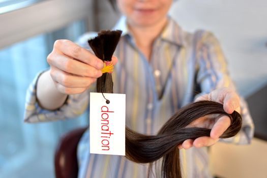 Long brown cut tail with tag in female hands, woman donation of haircut, depth of field, front selective focus