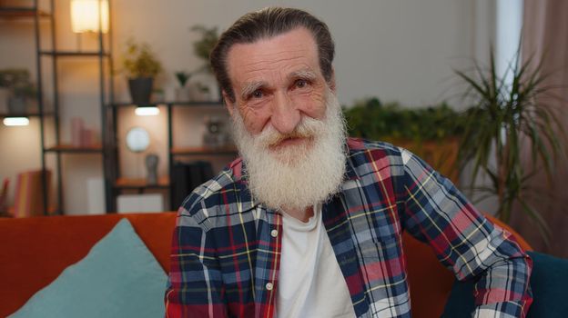 Close-up portrait of happy smiling bearded senior grandfather man, looking at camera. Elderly retired grandpa pensioner indoor isolated at home in living room on couch. Old mature people nature beauty