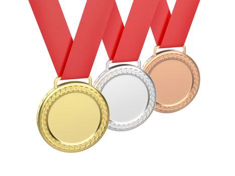 Gold, silver and bronze medals, isolated on white background