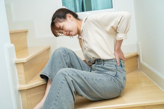 Asian lady woman patient fall down the stairs because slippery surfaces