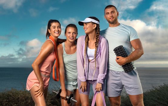 Certified group exercise instructor and his fitness team. Premium high resolution photo of smiling women and man. A happy group of runners rest after running