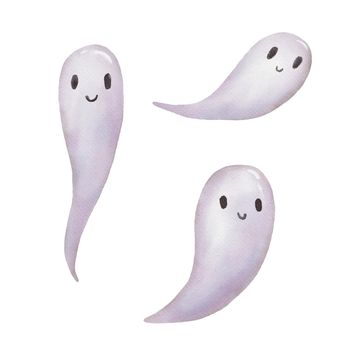Set of Simple cute ghosts, watercolor illustration isolated on white. Ghost smiling drawing for halloween.