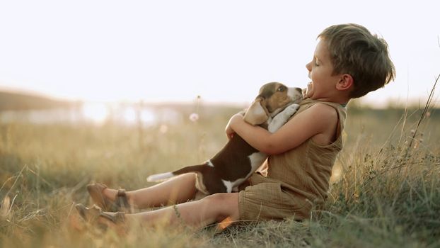 Cute little boy playing with beagle puppy on countryside nature background. Child stroking, training dog. Happy lovely pet, new member of family. . High quality photo