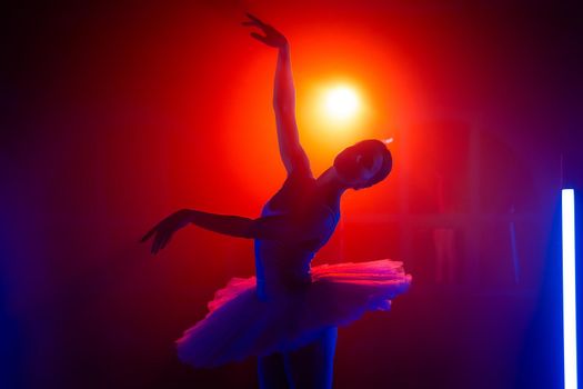 Silhouette of ballerina is practicing elements in studio with neon colorful light. Young woman dancing in classic tutu dress. Gracefulness and tenderness in every movement. High quality photo