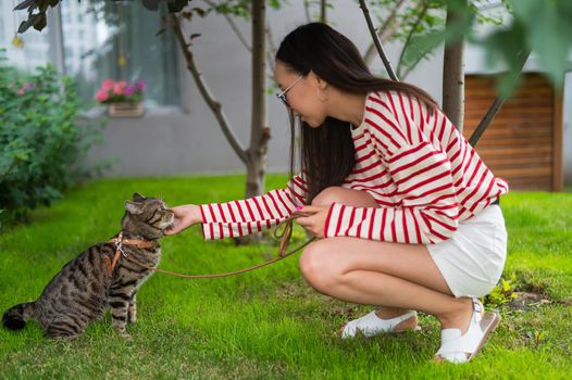 Young woman walking a tabby cat outdoors