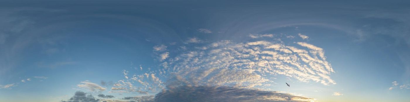 Dark blue twilight sky panorama with Cumulus clouds. Seamless hdr 360 panorama in spherical equiangular format. Full zenith or sky dome for 3D visualization, sky replacement for aerial drone panoramas