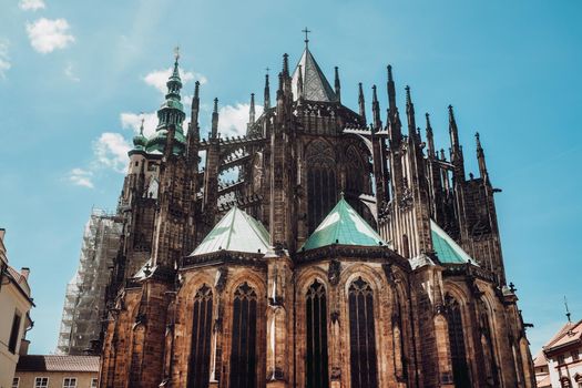 Exterior facade of St. Vitus cathedral in Prague Czech Republic. Architecture in gothic style, details of masterpiece religious building. High quality photo