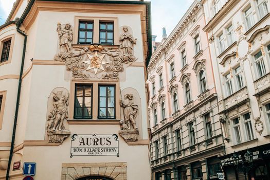 Prague, Czech Republic - July 2022. Aurus hotel in old town district. Beautiful european architecture, historical facades of traditional buildings . High quality photo
