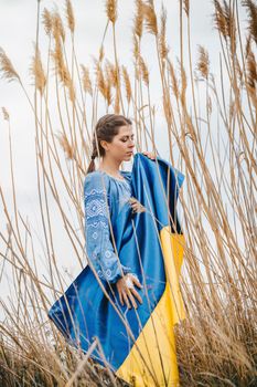 Sorrowful ukrainian woman with national flag on natural reeds background. Lady in blue embroidery vyshyvanka blouse. Ukraine, independence, freedom, patriot symbol, victory in war. High quality photo