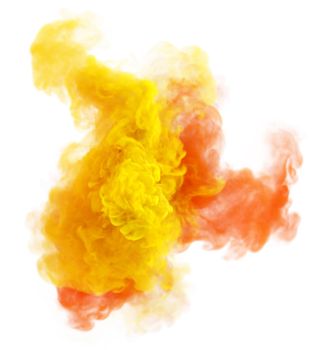 Yellow and orange puff of smoke. Danger mistery fog texture. Duo colors 3D render abstract background for fan festivals and party