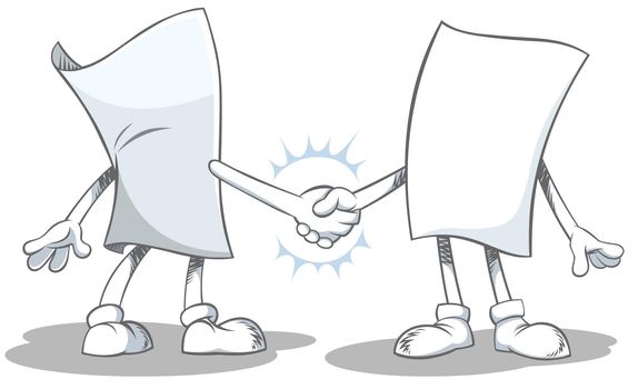 Vector illustration of blank paper cartoon characters making a deal and shaking hands.