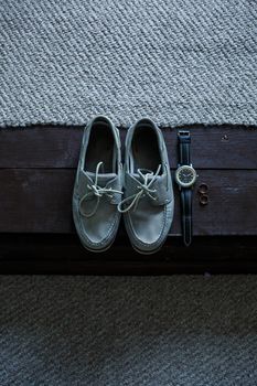 Mens elegant set of stylish groom accessories for wedding day. Men's classic shoes
