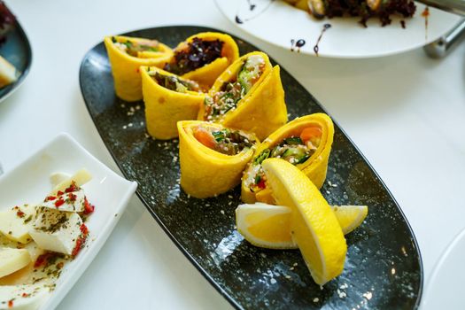 Delicious dish on the buffet table. Cold appetizers from the chef for the celebration