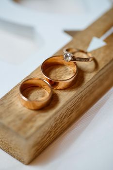 Gold wedding rings for newlyweds on wedding day