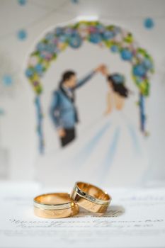 Gold wedding rings for newlyweds on wedding day