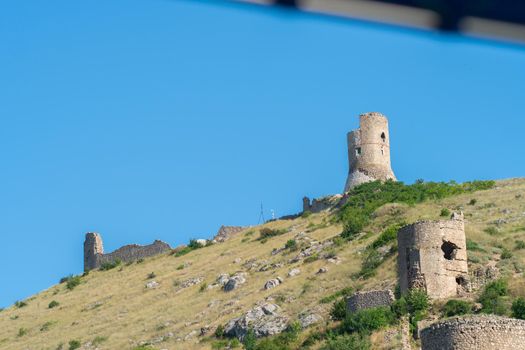 Crimea cembalo fortress balaklava bay flying balaclava mountain nature scenic, concept shore summer for hill and town blue, view background. Ship russia sun,