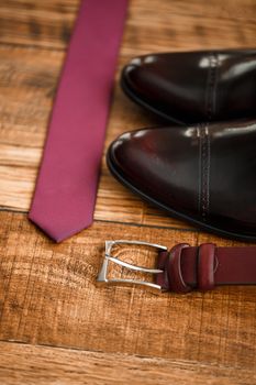 Mens elegant set of stylish groom accessories for wedding day. Men's classic shoes