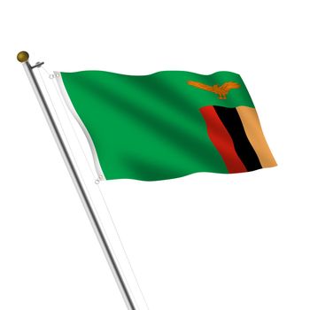 A Zambia Flagpole 3d illustration on white with clipping path