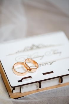 Gold wedding rings for newlyweds on wedding day