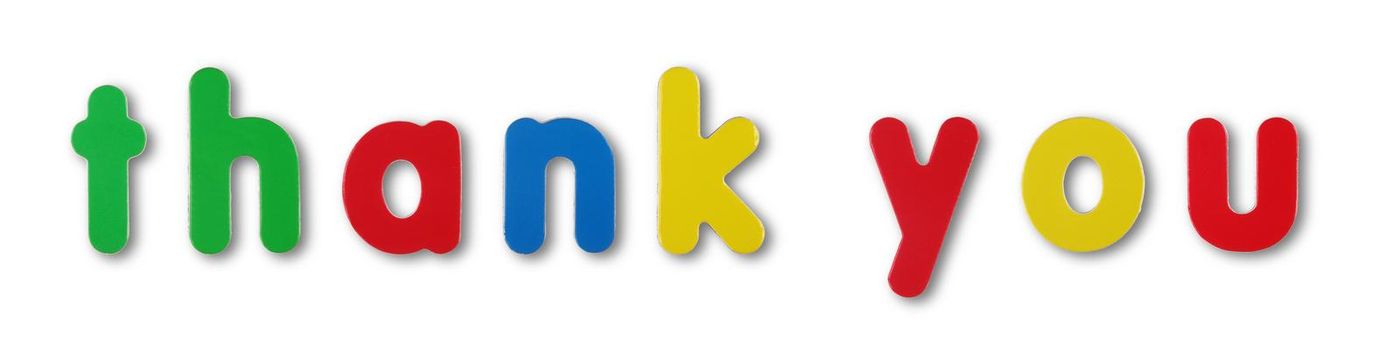 Thank you coloured magnetic letters on white with clipping path to remove shadow