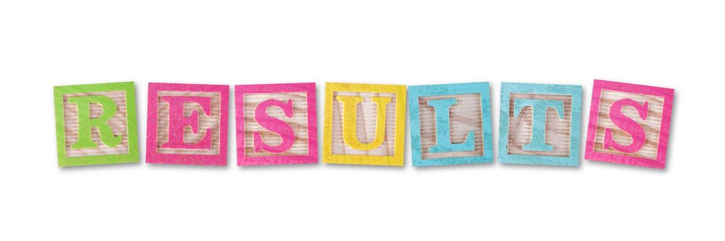 A results concept with childs wood blocks on white with clipping path to remove shadow