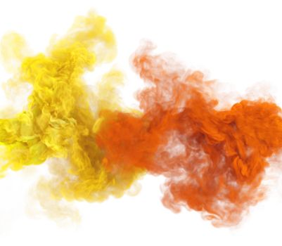 Yellow and red puffs of smoke. Toxic and dangerous fog and madic smoke texture. Duo colors 3D render abstract background for fan festivals and party