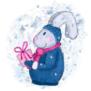 Hand drawn illustration of rabbit hare bunny. Winter new year christmas cartoon of pink present gift box. Funny illustration for chinese new year 2023 cards invitations in blue pink