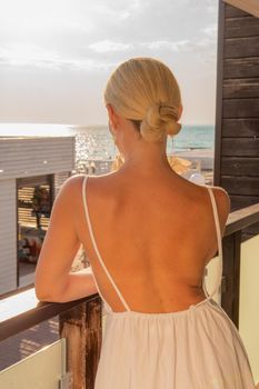 Sea sorrento view window mediterranean coast open room summer balcony, concept woman girl from beautiful and sky person, relax enjoy. Luxury background standing,