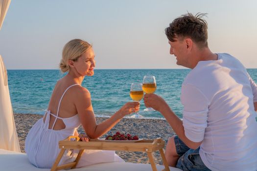 Girl romantic wine sea guy together restaurant rest tray rose, from sunny provence for travel from picnic blue, tropical party. Food sunset weekend, table