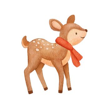 Watercolor Baby Deer character with scarf. Hand drawn cute fawn. Cartoon illustration isolated on white.