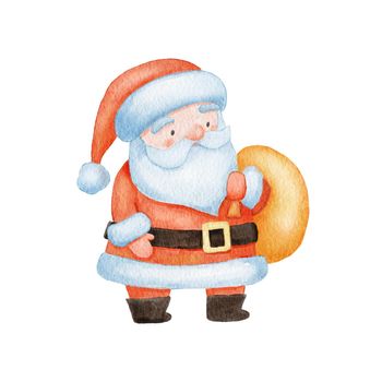 Cute Santa Claus holding bag with presents. Watercolor Christmas illustration isolated on white.