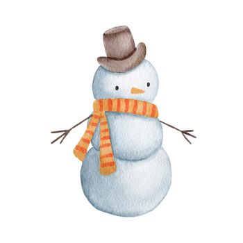 Watercolor cute snowman. Hand painted Christmas illustration with hat, scarf and carrot isolated on white background.