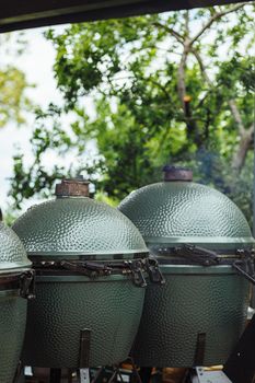 Close up image of The Green Egg outdoor barbecue. Very popular ceramic bbq.