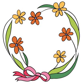 Hand drawn illustration in round circle shape with flowers leaves pink bow. Simple minimalist frame with floral elements diasy plant. Invitation cartoon style