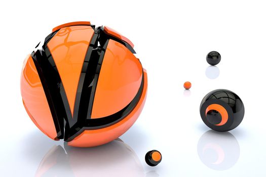 3D spheres on an empty white background in orange black colors