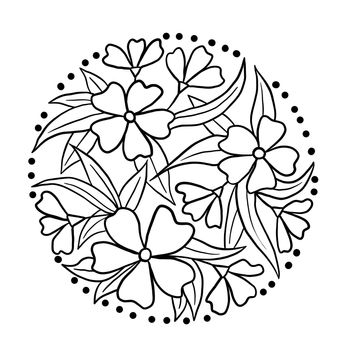 Hand drawn illustration of flowers leaves in round circle. Black line floral simple minimalist design with dots. Blooming nature print