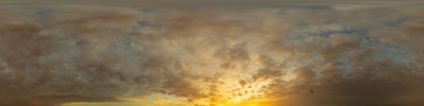 Dark blue sunset sky panorama with pink Cumulus clouds. Seamless hdr 360 pano in spherical equirectangular format. Full zenith for 3D visualization, game, sky replacement for aerial drone panoramas